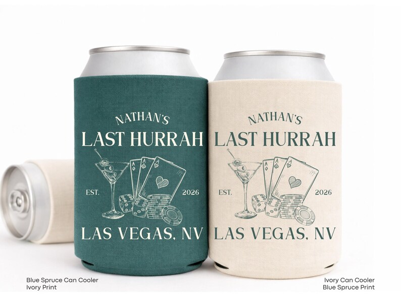 Two personalized beer coolers with the same design, featuring text and illustrations related to Las Vegas.