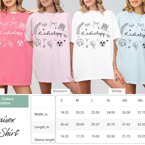 May include: Unisex t-shirt in four colors: crunchberry, blossom, white, and Chambray. The shirt features a graphic design with the word "Radiology" and various medical symbols. The size chart shows measurements in inches for width, length, and sleeve length.