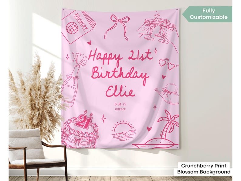 Twenty-first birthday tapestry designed for beach celebrations, customized for birthdays born in 2004, perfect for memorable girls’ weekends.