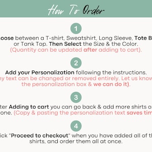May include: A four-step guide on how to order personalized items. The steps are numbered 1 through 4. The steps include choosing a product, adding personalization, adding to cart, and proceeding to checkout.