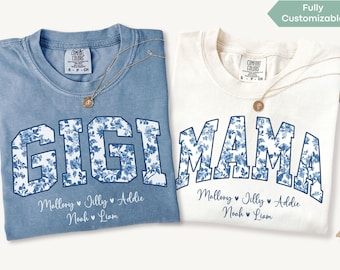 Personalized Gigi Comfort Colors Shirt Dusty Blue Floral Grandma Mama Shirt Custom Names Nana Gigi Mimi Long Sleeve Tshirt Mothers Day Gift