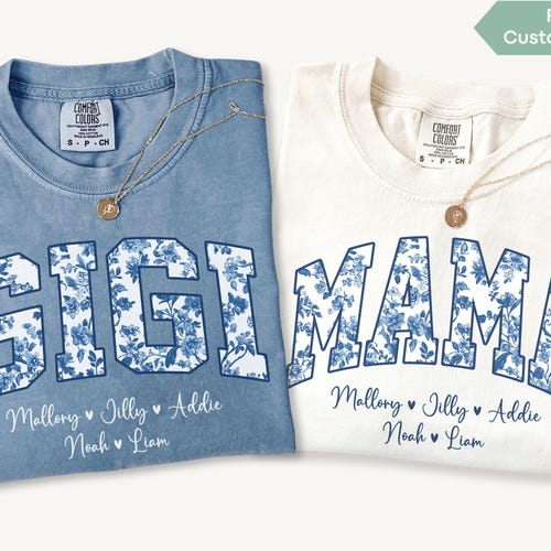 Personalized Gigi Comfort Colors® Shirt Dusty Blue Floral Grandma Mama Shirt Custom Names Nana Gigi Mimi Long Sleeve Tshirt Mothers Day Gift