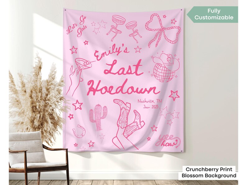 Custom Last Rodeo tapestry featuring country flair, ideal for Western bachelorette parties, fiesta-style decor, or bridal shower signage.