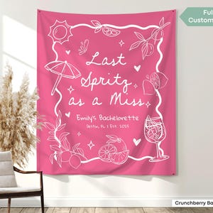 Summer bachelorette sign with whimsical cocktail doodles, designed to coordinate with Spritz-themed shirts and drinkware for a fully branded celebration.