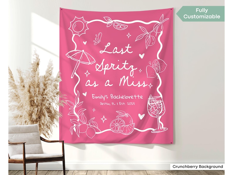 Summer bachelorette sign with whimsical cocktail doodles, designed to coordinate with Spritz-themed shirts and drinkware for a fully branded celebration.