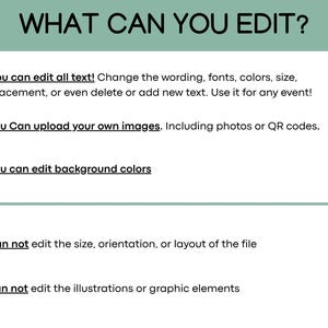 May include: A graphic in teal and white, titled "WHAT CAN YOU EDIT?" It lists editable features: text, images, and background colours. It also details uneditable elements: size, orientation, layout, and illustrations.