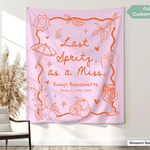 Aperol Spritz-themed backdrop featuring fun doodles like sun rays, glasses, and citrus slices, made for “Let's Get Spritzy” bachelorette celebrations and matching party accessories.