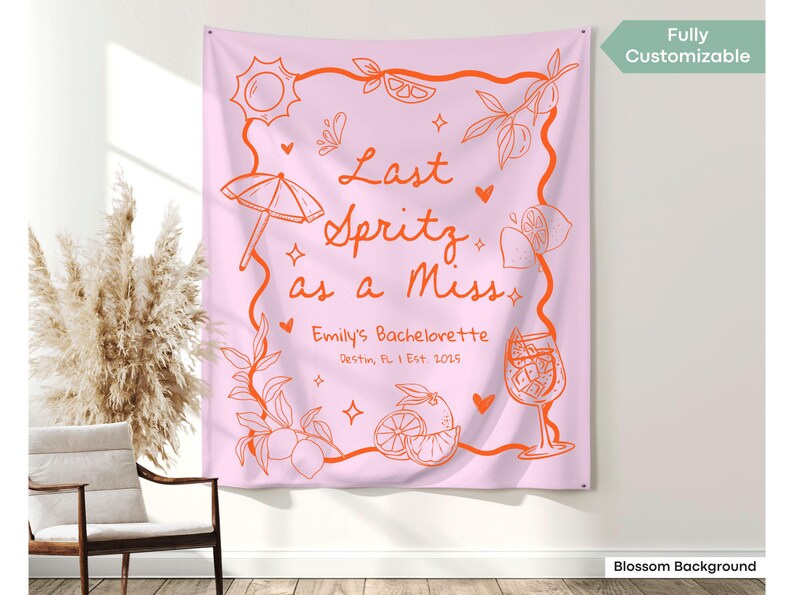 Aperol Spritz-themed backdrop featuring fun doodles like sun rays, glasses, and citrus slices, made for “Let's Get Spritzy” bachelorette celebrations and matching party accessories.