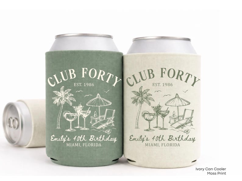 Two cans with a beach theme, featuring palm trees, umbrellas, and a glass of wine.