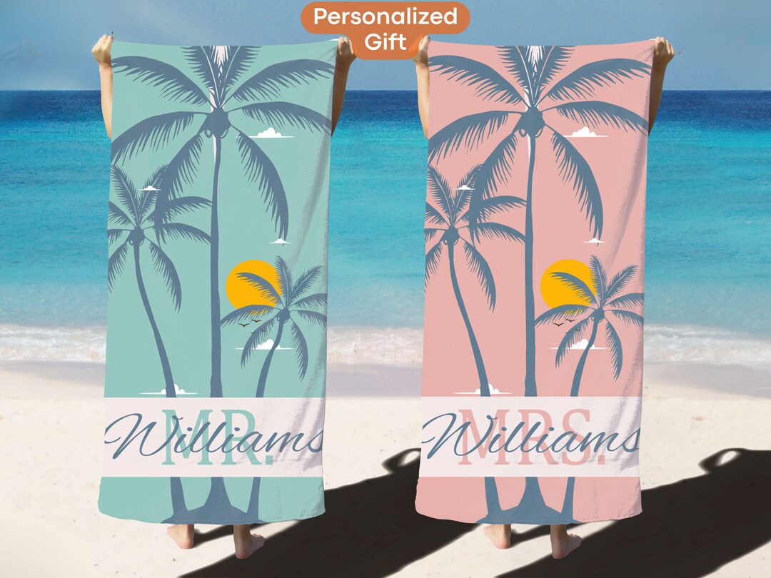 Personalized Mr & Mrs Beach Towel - Custom Couple Honeymoon Wedding Gift Towel