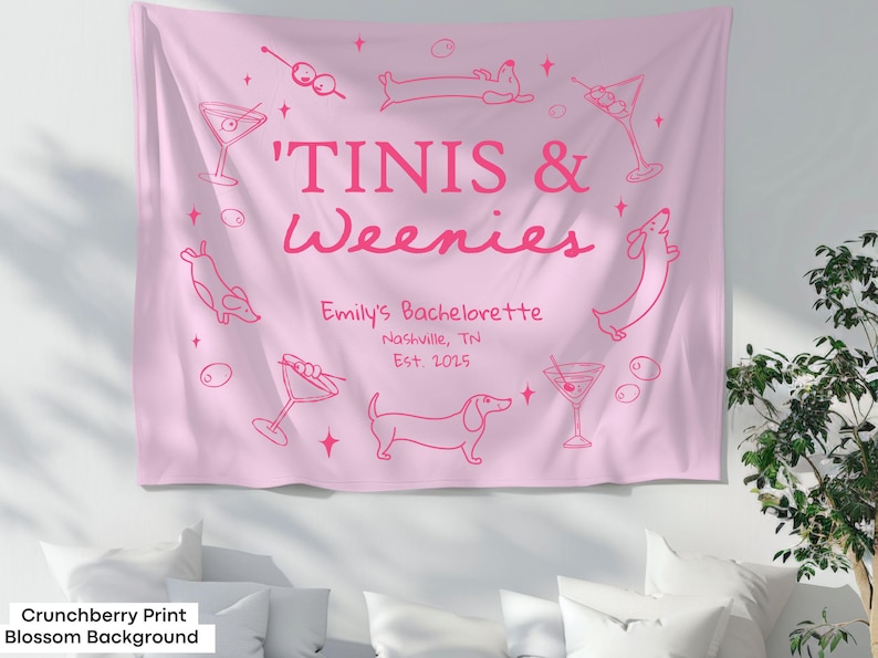 Weenies and Tinis bridal party banner for dachshund lover bach weekends, featuring a funny dog and cocktail theme.