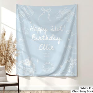 Beach 21st birthday banner sign customized with name, ideal for coastal-themed birthday parties and personalized girls’ trips.