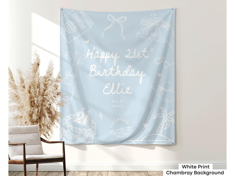 Beach 21st birthday banner sign customized with name, ideal for coastal-themed birthday parties and personalized girls’ trips.