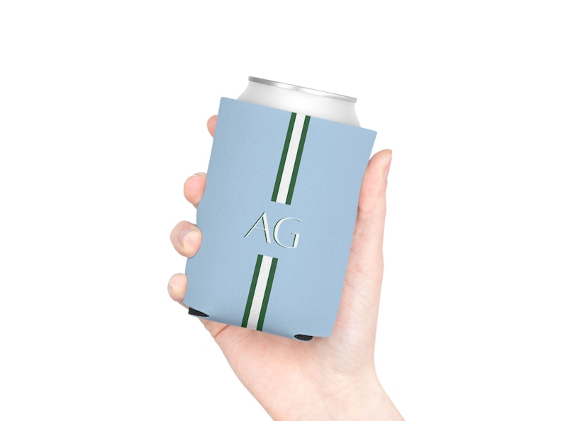 This monogram can cooler fits beautifully into wedding weekend events and bridal showers. The grandmillennial style complements elegant decor themes. A refined yet useful party accessory.