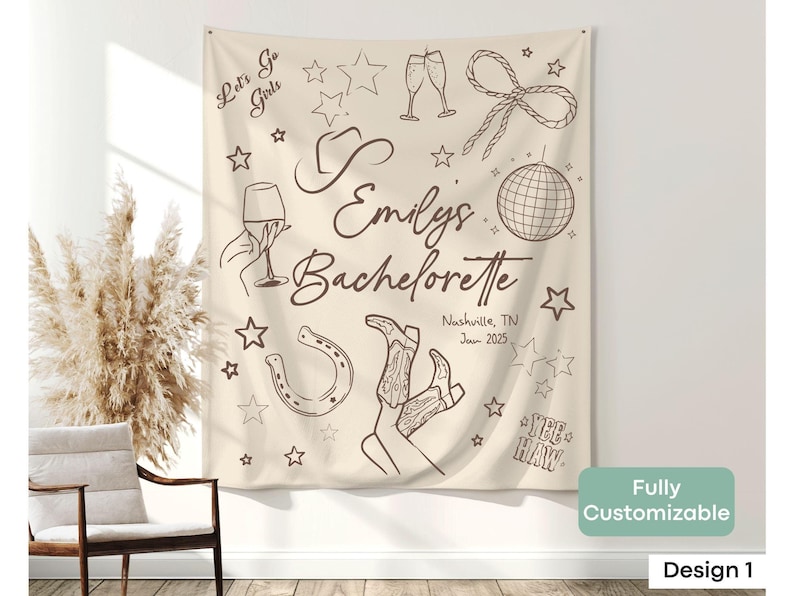 A must-have for any country-loving bride, this Disco Cowgirls bachelorette tapestry is a unique and festive backdrop for bridal party photos and celebrations.