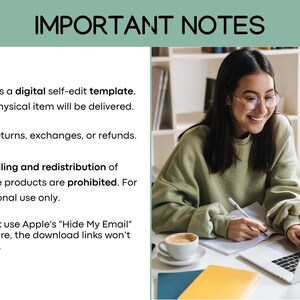 May include: A person smiles while working on a laptop, with a coffee cup and notepad visible. The image includes the text "IMPORTANT NOTES" and bullet points detailing the digital template: no physical item, no returns, and personal use only. The background is neutral.