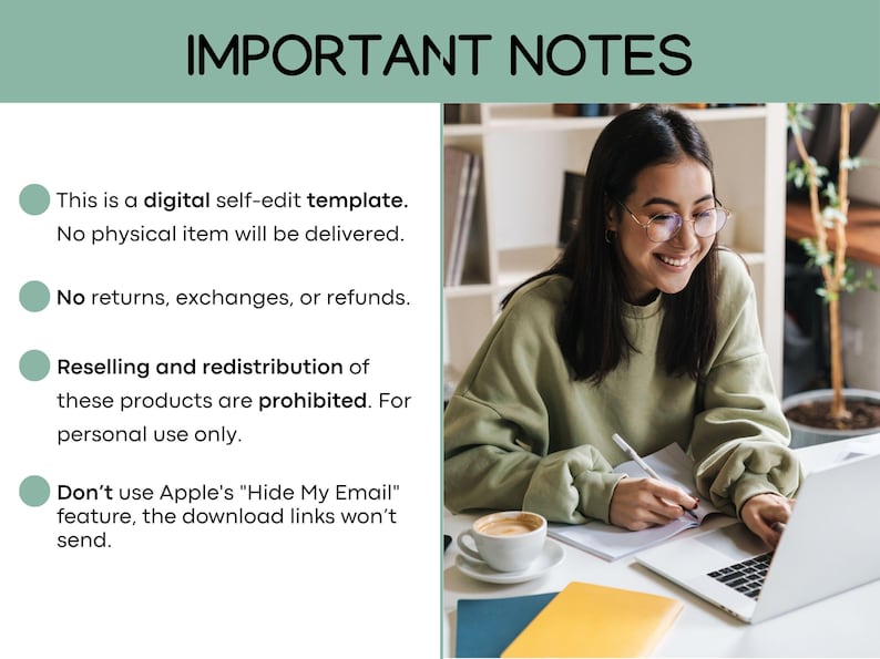 May include: A person smiles while working on a laptop, with a coffee cup and notepad visible. The image includes the text "IMPORTANT NOTES" and bullet points detailing the digital template: no physical item, no returns, and personal use only. The background is neutral.