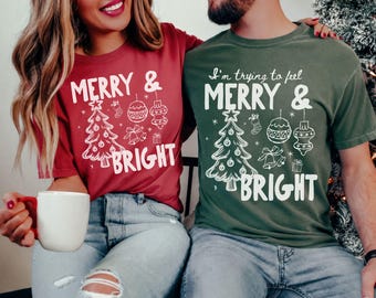 Comfort Colors® Merry & Bright Funny Matching Couple Christmas Shirt, Husband Wife Holiday Tees, Boyfriend Girlfriend Xmas Outfit