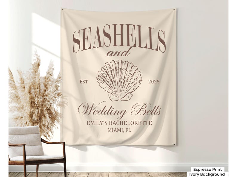 Designed for a beach-loving bride, this customized banner adds a unique and elegant coastal vibe to a wedding weekend or bachelorette trip.