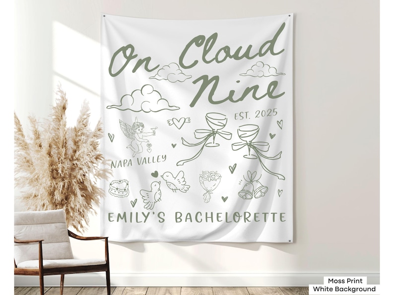 Custom Cloud Nine Bachelorette Party Banner Decor Bride On Cloud Nine Bach Party Wall Tapestry Cloud 9 Club Wine Bridal Shower Sign Backdrop image 7