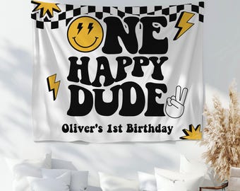 One Happy Dude Custom Banner Decor Boy 1st Birthday Party Sign Retro Checkered First Birthday Wall Hanging Tapestry 1st Bday Photo Backdrop
