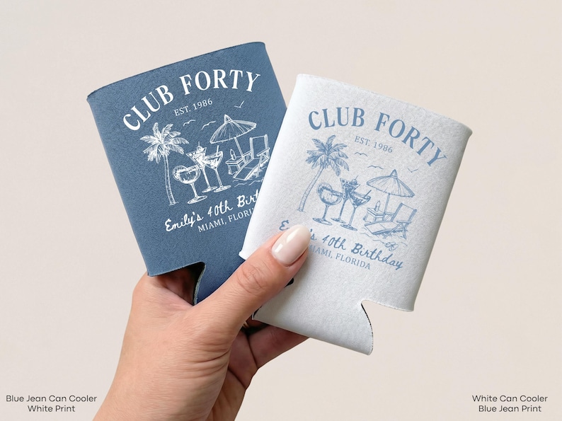 A hand holding two Club Forty birthday party coolers, one blue and one white, against a light background.