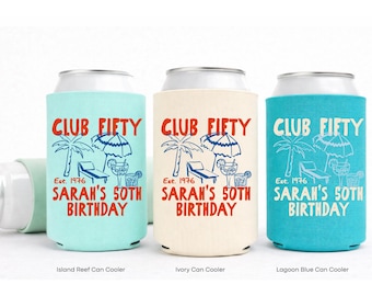 Club Fifty Birthday Can Cooler, Personalized 50th Beach Birthday Party Drink Sleeve, Any Age Custom B-day Favor, Summer Bday Beer Holder