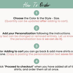 The image is a step-by-step guide on how to order custom-made shirts, providing instructions on how to choose the color and style, add personalization, and order additional shirts.