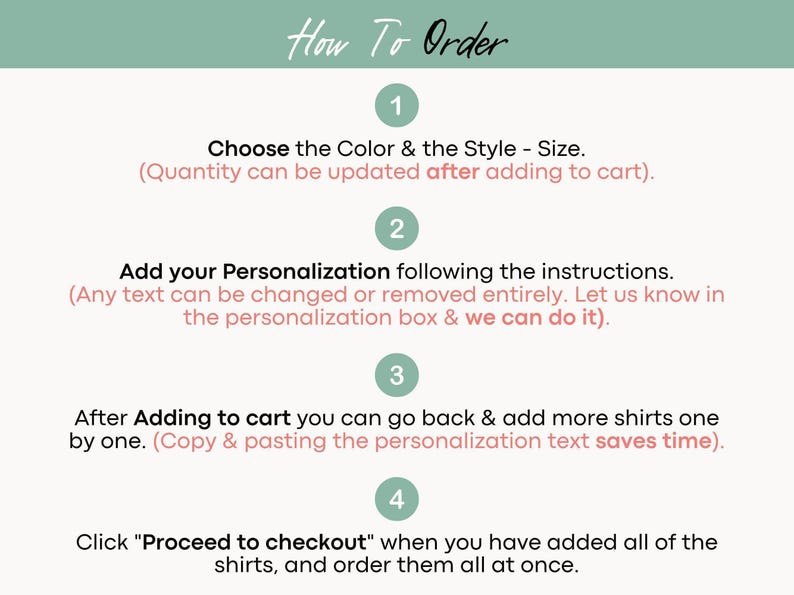 The image is a step-by-step guide on how to order custom-made shirts, providing instructions on how to choose the color and style, add personalization, and order additional shirts.