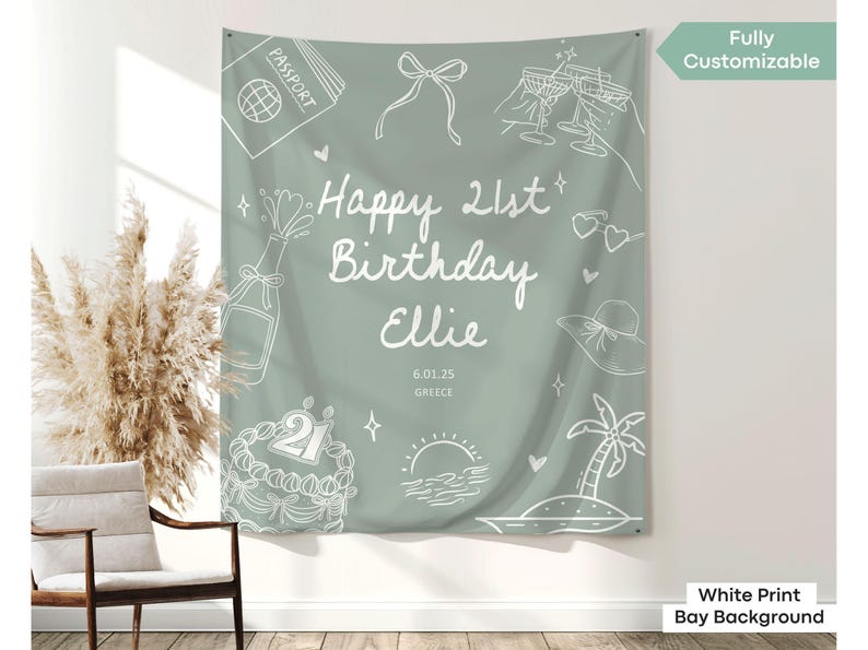 Coastal birthday tapestry backdrop perfect for personalized 21st birthday celebrations, beach weekends, or milestone photo shoots.