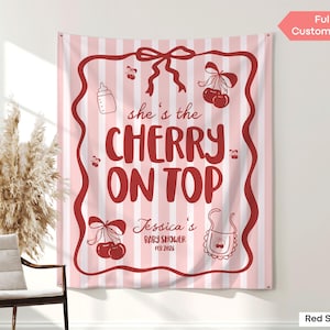 She&#39;s the Cherry on Top Custom Baby Shower Banner Coquette Bow Cherry Fruit Party Photo Backdrop Sweet Baby Sprinkle Girl Wall Hanging Sign