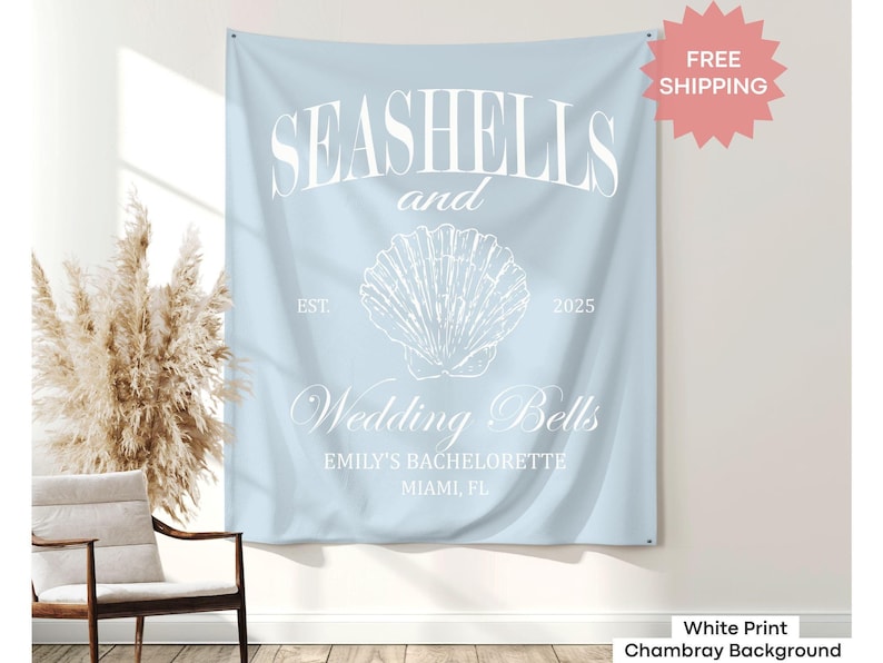Custom Seashells and Wedding Bellsbeach bachelorette party banner designed for a seaside celebration, perfect for bridal party favors, welcome signs, and tropical getaway decor.
