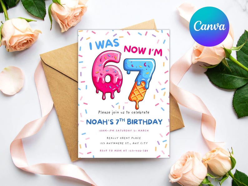 May include: A birthday invitation card with the text "I WAS 6, NOW I'M 7" in a playful font. The numbers are designed as donuts and ice cream. The card is decorated with colorful sprinkles and includes party details.