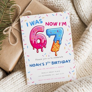 6 7 birthday invitation Canva template designed for meme-loving kids. A fun printable party invite for Gen Alpha birthdays or themed celebrations.