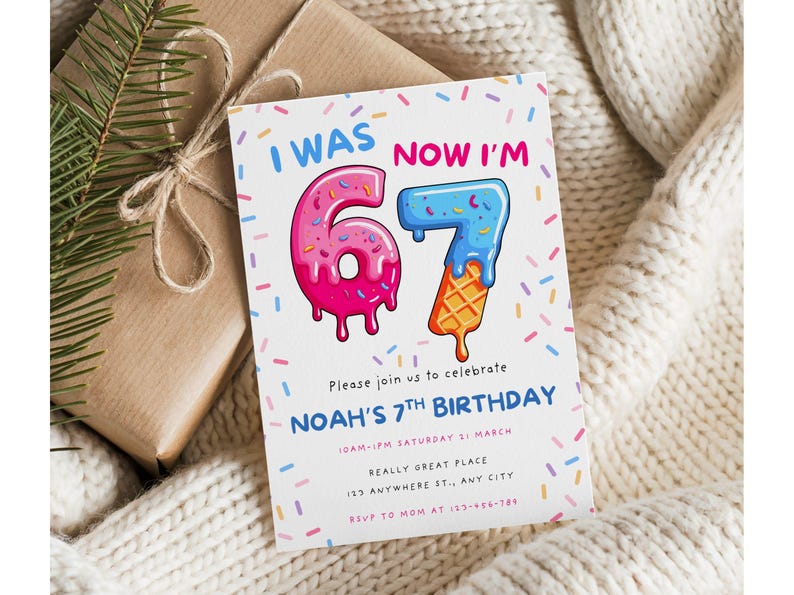6 7 birthday invitation Canva template designed for meme-loving kids. A fun printable party invite for Gen Alpha birthdays or themed celebrations.