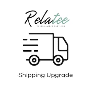 May include: Black and white line drawing of a delivery truck with the text "Shipping Upgrade" below. The truck is moving quickly, indicated by three parallel lines behind it.