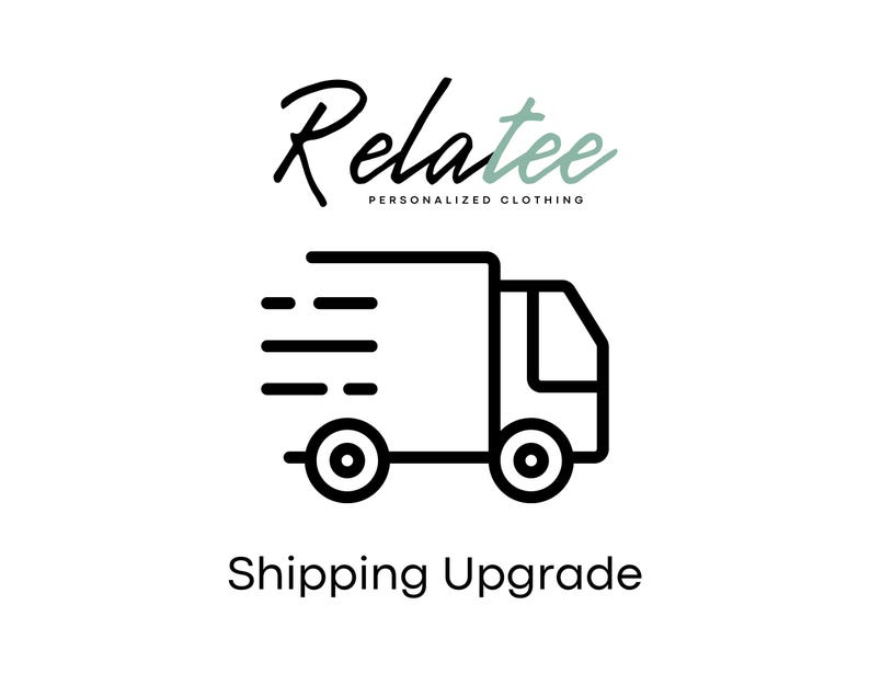 May include: Black and white line drawing of a delivery truck with the text "Shipping Upgrade" below. The truck is moving quickly, indicated by three parallel lines behind it.