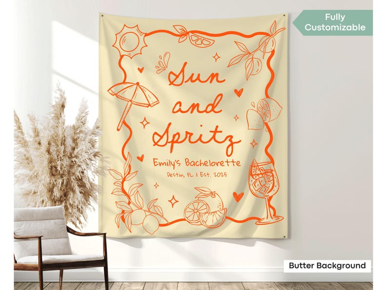 Cocktail-themed bridal shower sign with Love At First Spritz and Let’s Get Spritzy vibes, ideal for matching bach decor.