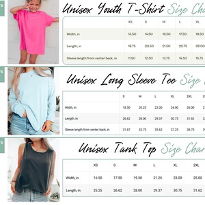 The image is a size chart for a youth t-shirt, including a pink t-shirt, a blue long-sleeve t-shirt, and a black tank top. The chart provides measurements for the width, length, and sleeve length of each shirt, as well as the corresponding sizes in XS, S, M, L, XL, and XXL.