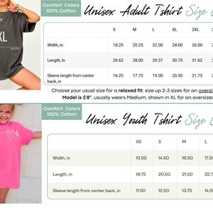 May include: Unisex t-shirt size chart with measurements in inches for adult and youth sizes. The chart shows width, length, and sleeve length from center back measurements for each size.