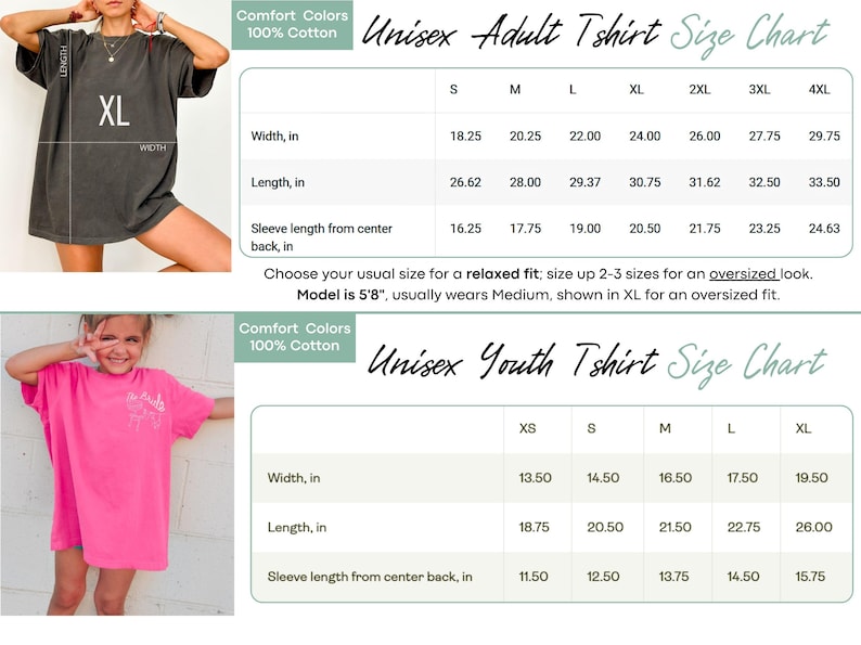 May include: Unisex t-shirt size chart with measurements in inches for adult and youth sizes. The chart shows width, length, and sleeve length from center back measurements for each size.