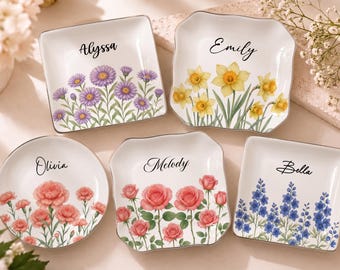 Personalized Birth Flower Jewelry Dish, Custom Name Ring Dish, Bridesmaid Gift, Floral Trinket Tray For Mom Birthday Gift for Her