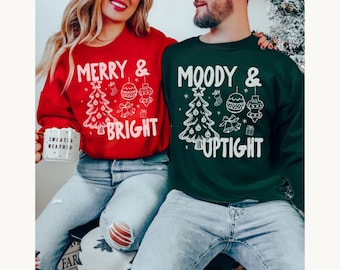 Merry & Bright Funny Couple Christmas Sweatshirt, Matching Holiday Couple Shirt, Boyfriend Girlfriend Husband Wife His Hers Xmas Outfit Gift