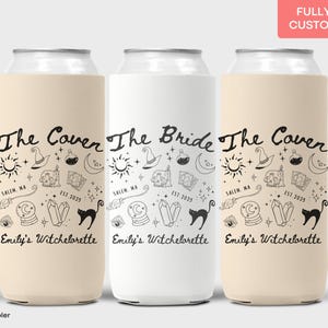 Slim can cooler with witchy design for a Halloween-themed bachelorette party or spooky bride celebration.