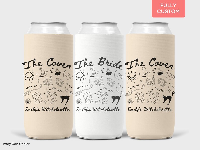 Slim can cooler with witchy design for a Halloween-themed bachelorette party or spooky bride celebration.