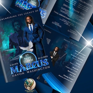 May include: A collection of memorial service stationery with a blue and white color scheme. The design includes a portrait of a man in a suit, a dove, and text that reads "Marcus Davon Washington" and "Final Farewell Keepsakes."