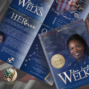 May include: A blue and gold funeral programme with a photo of a woman in a military uniform. The programme includes the name "Wilma Lucille Welks" and the date "7th Feb 10am". The programme also includes the text "Spirit & Truth Church of God in Christ" and "1234 N. Main St. City, St. 12345".