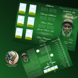 May include: Green funeral program with a photo of a man in a hat. The program includes the name Harvey Lee Jones, the date and time of the funeral, and the name of the church. The program also includes a list of pallbearers, honorary pallbearers, flower bearers, and a special thank you section.