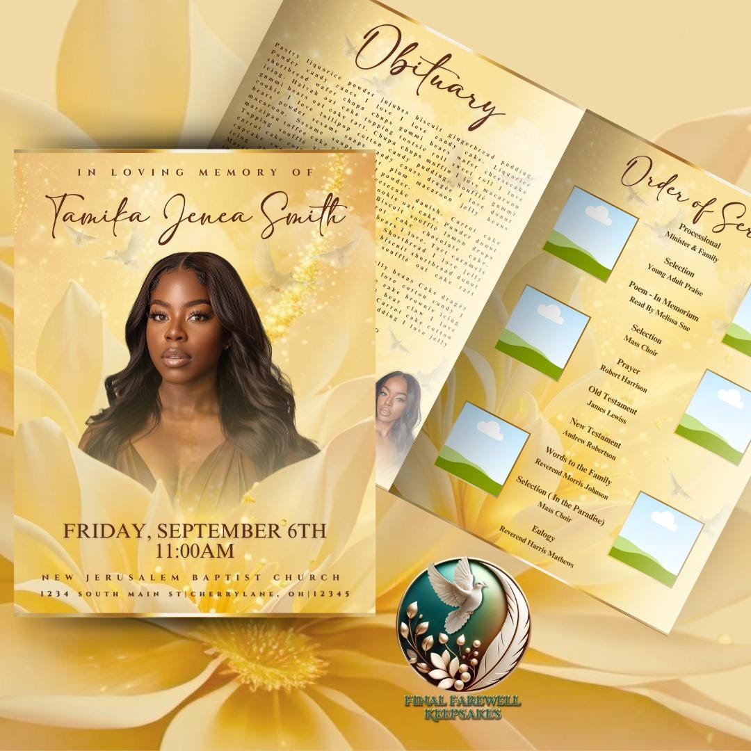 Yellow Elegant Obituary Program | Bifold| Template| Obituary | Funeral ...