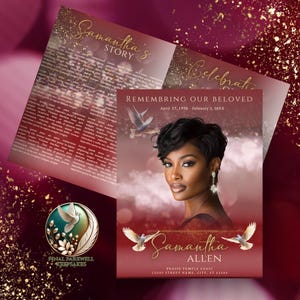 Peut inclure: Un programme funéraire de couleur bordeaux et or avec une photo d'une femme et le texte "Remembering Our Beloved Samantha Allen, April 17, 1970 - February 3, 20XX". Le programme comprend également le texte "Praise Temple COGIC, 12345 Street Name, City, ST 12345".